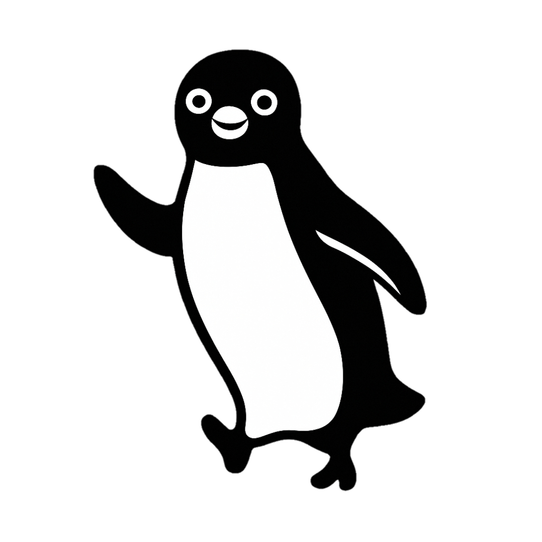 Black and white penguin cartoon illustration standing and waving